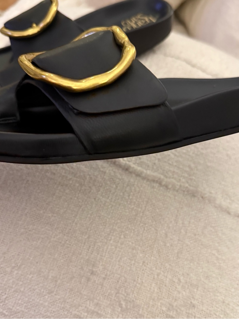 NEW Size 8- Franco Sarto Black Slide Sandals with Gold Accent Buckles - Picture 3 of 6
